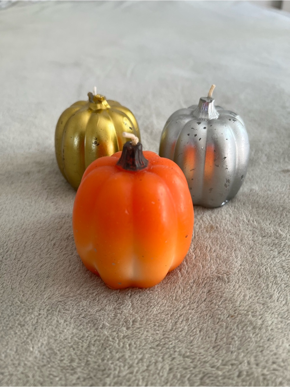 Autumn Pumpkin Decorative Candle Trio - Orange, Gold & Silver
